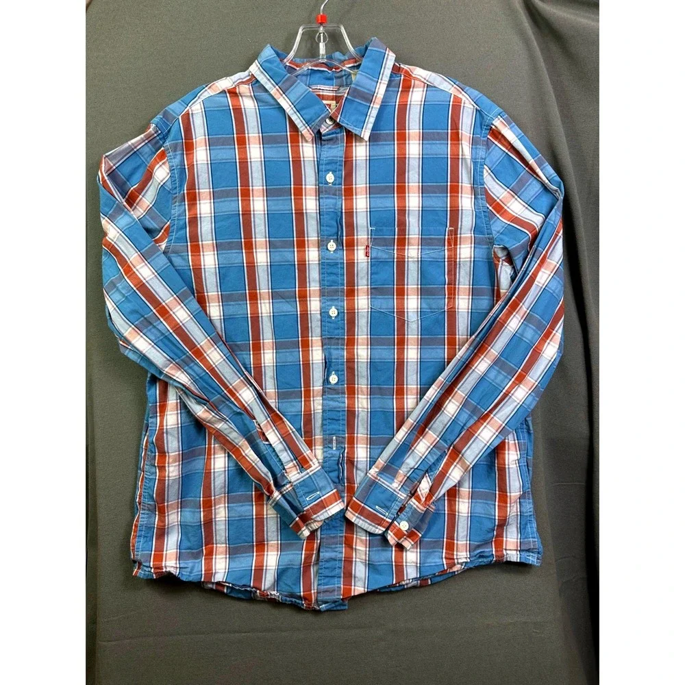 Levis Men's Long Sleeve Plaid Button Down Shirt Blue Orange Standard Fit Large
